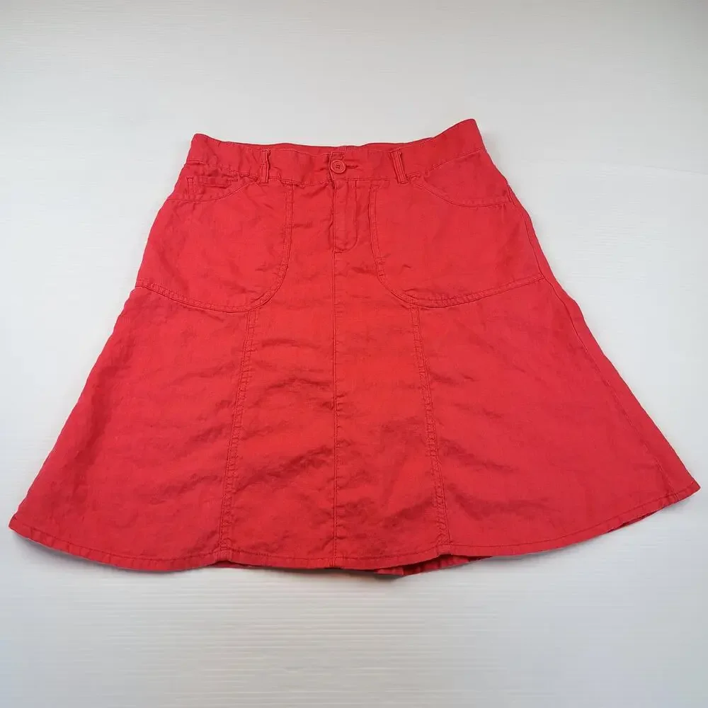 United Colors Of Benetton Skirt Womens 42 Small Red 100% Linen A Line Pockets